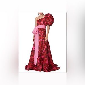 Carolina Herrera Painterly Rose One-Shoulder Sash Gown